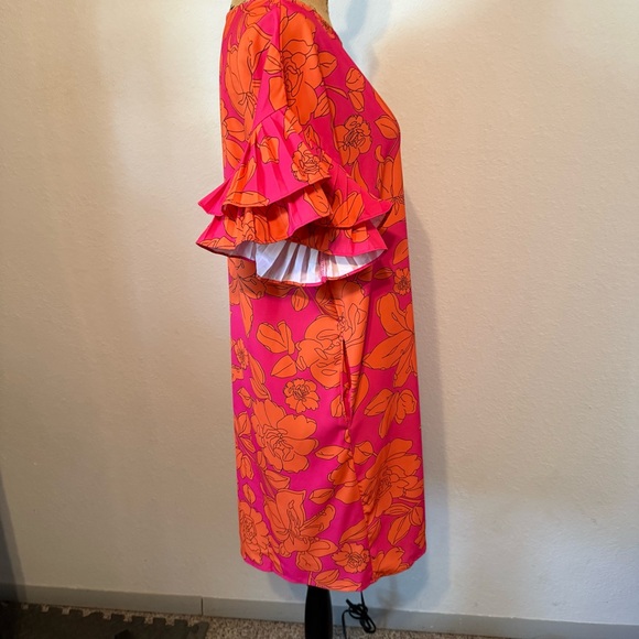 Hot pink and orange floral print dress featuring ruffled sleeves medium - Picture 7 of 11